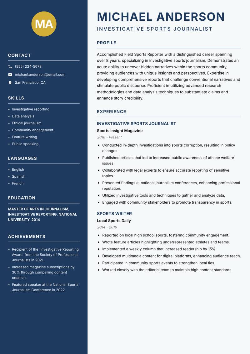 Field Sports Reporter resume sample — Investigative Sports Journalist focus
