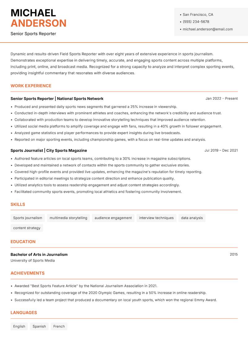 Field Sports Reporter resume sample — Senior Sports Reporter focus
