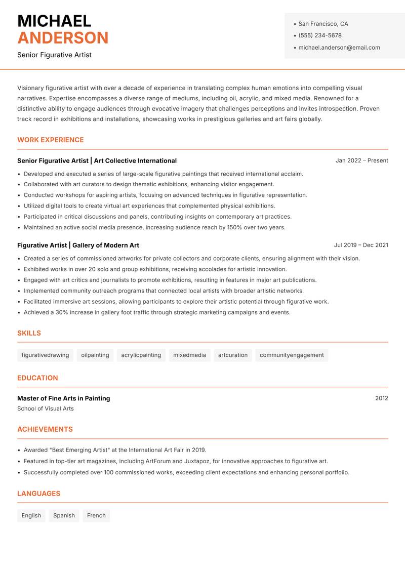 Figurative Artist resume sample — Senior Figurative Artist focus
