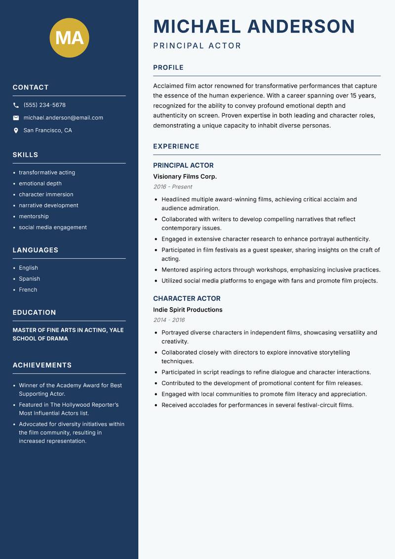 Film Actor resume sample — Principal Actor focus