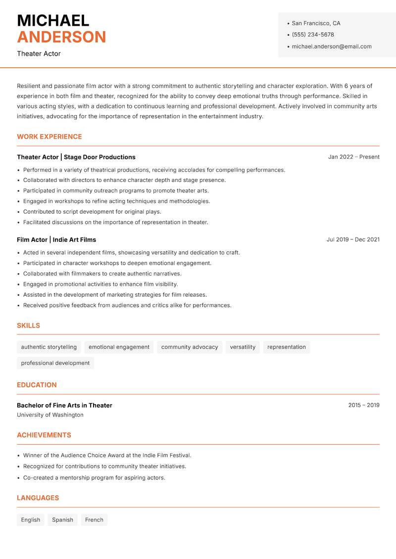 Film Actor resume sample — Theater Actor focus