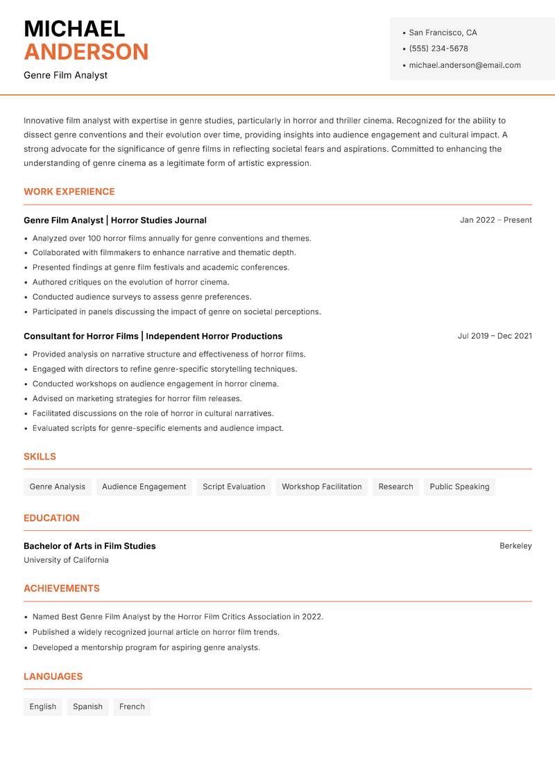 Film Analyst resume sample — Genre Film Analyst focus