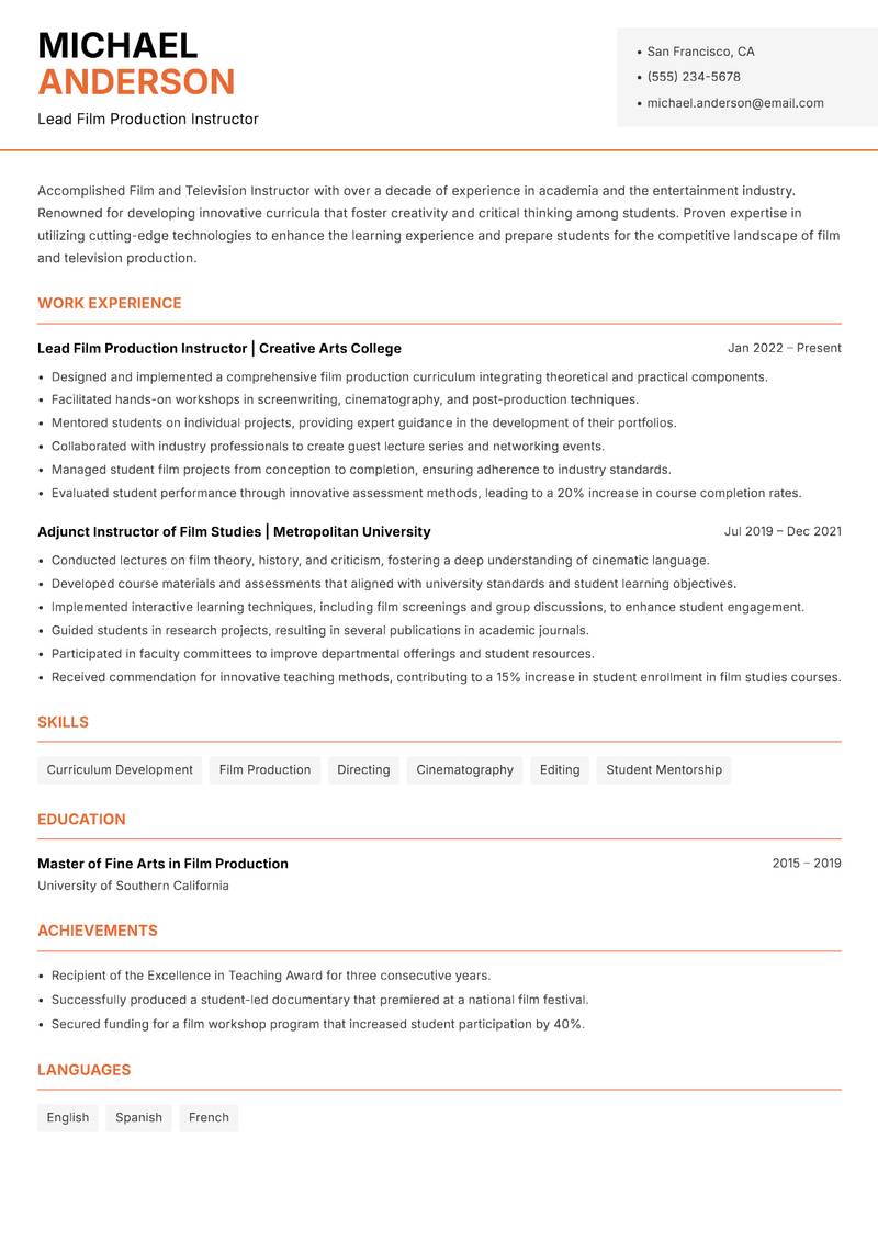 Film and Television Instructor resume sample — Lead Film Production Instructor focus