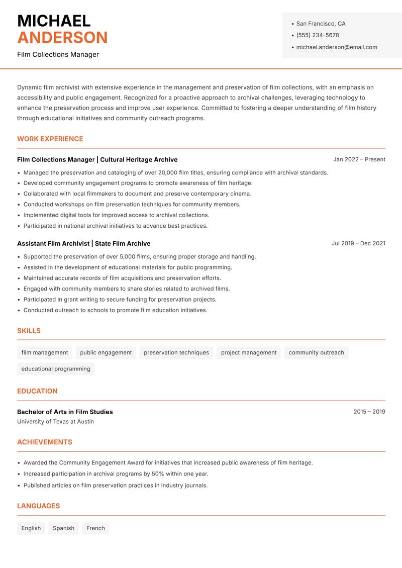 Film Archivist resume sample — Film Collections Manager focus