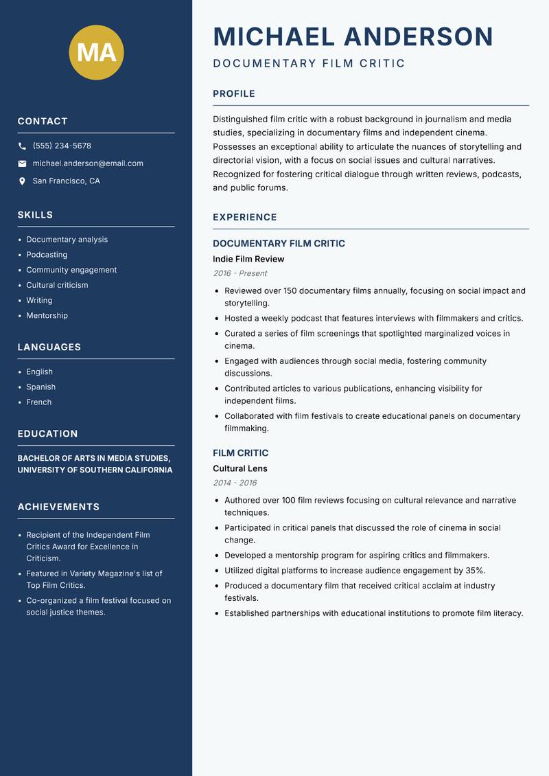 Film Critic resume sample — Documentary Film Critic focus