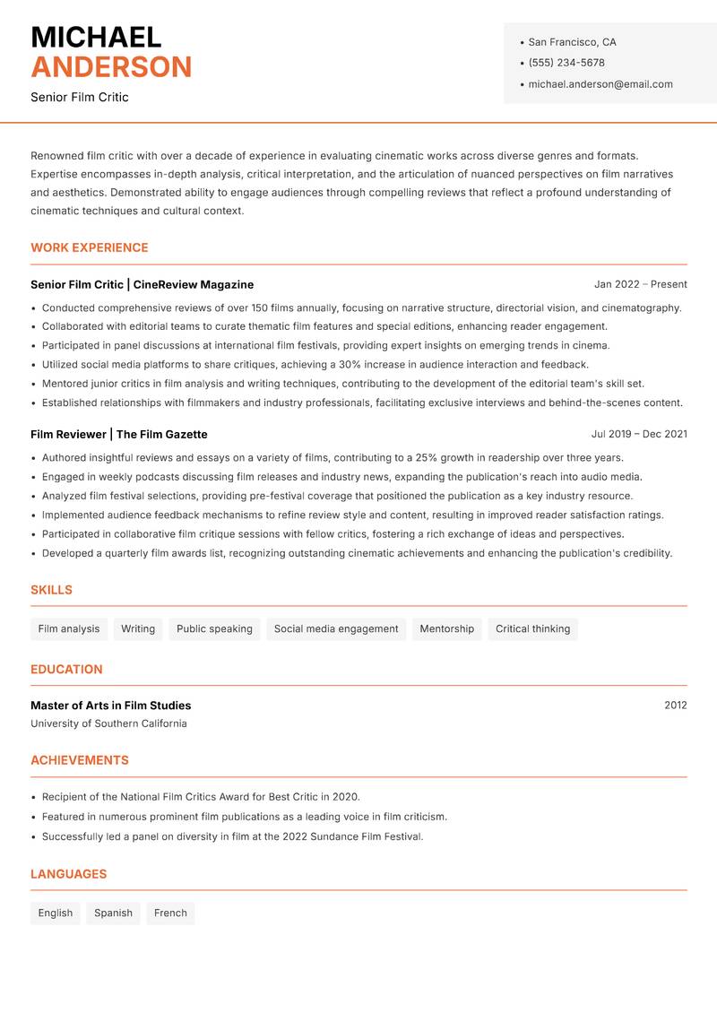 Film Critic resume sample — Senior Film Critic focus