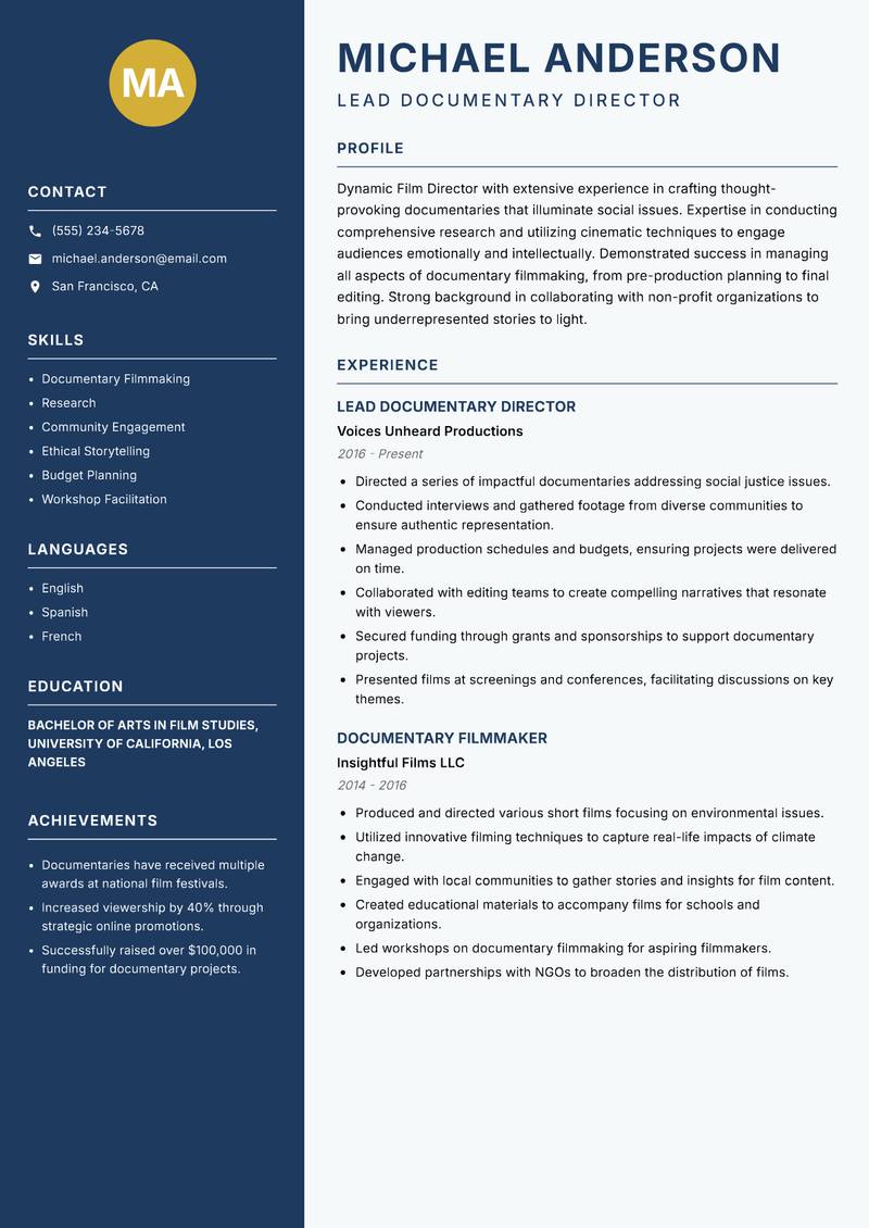Film Director resume sample — Lead Documentary Director focus