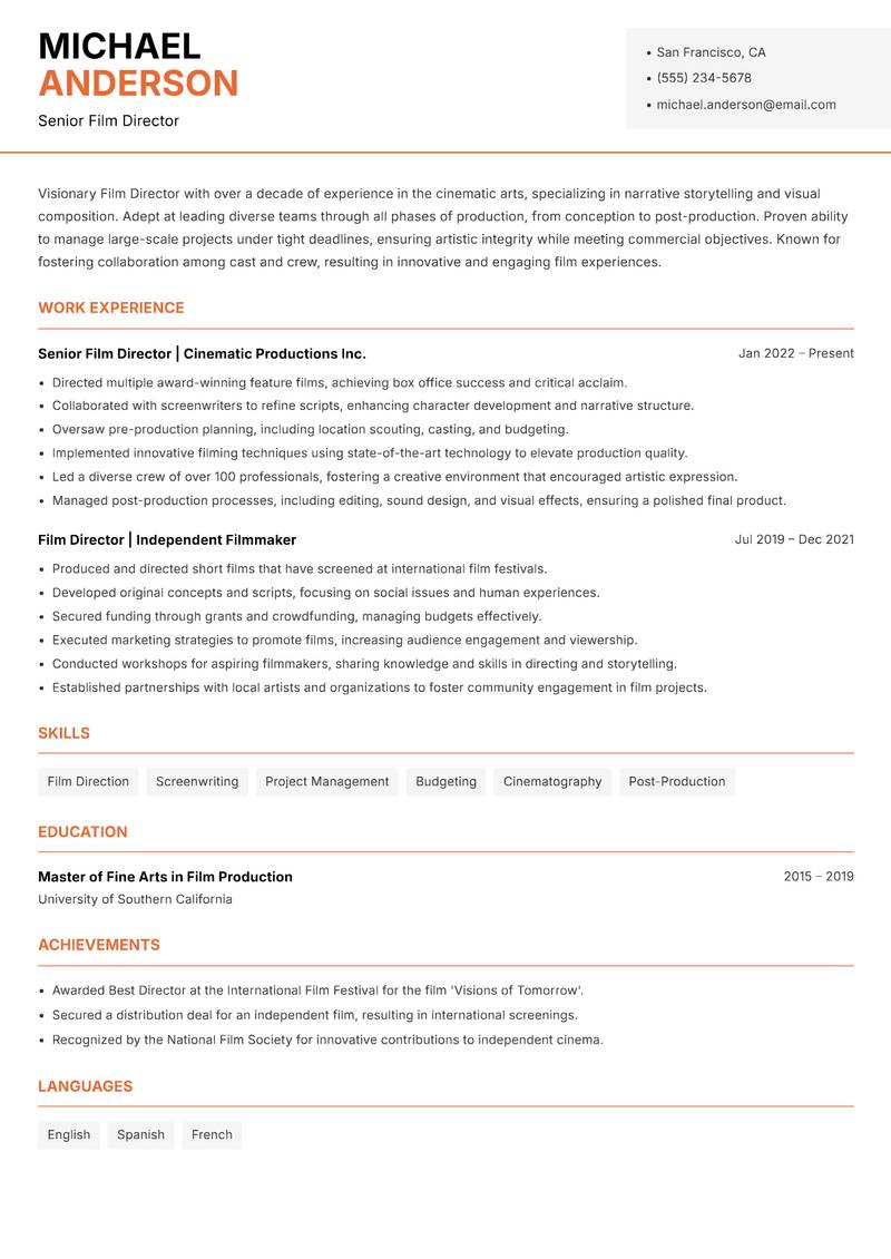 Film Director resume sample — Senior Film Director focus