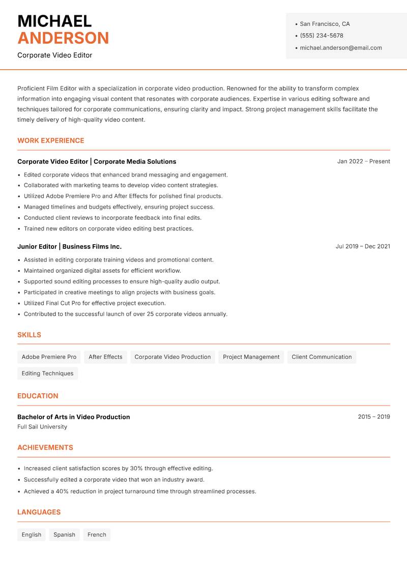 Film Editor resume sample — Corporate Video Editor focus