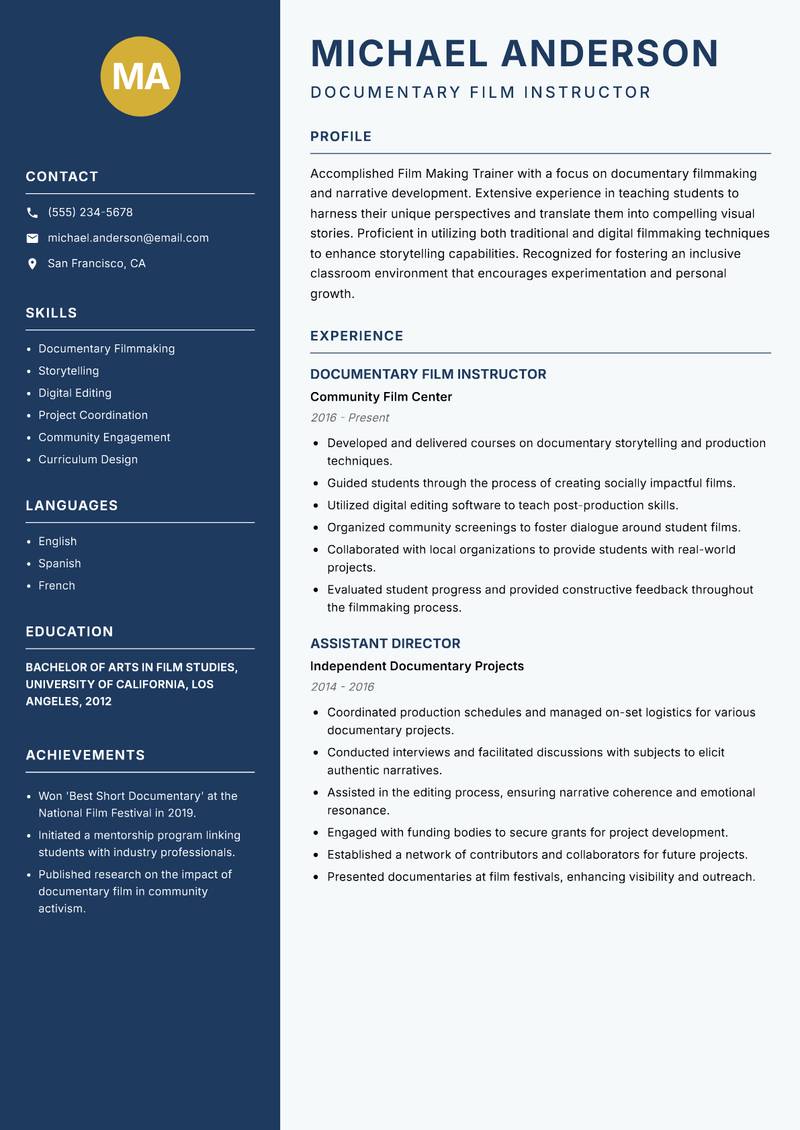 Film Making Trainer resume sample — Documentary Film Instructor focus