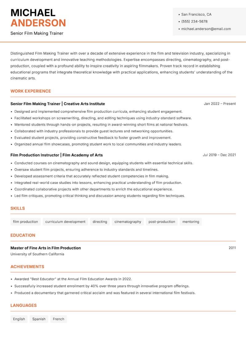 Film Making Trainer resume sample — Senior Film Making Trainer focus
