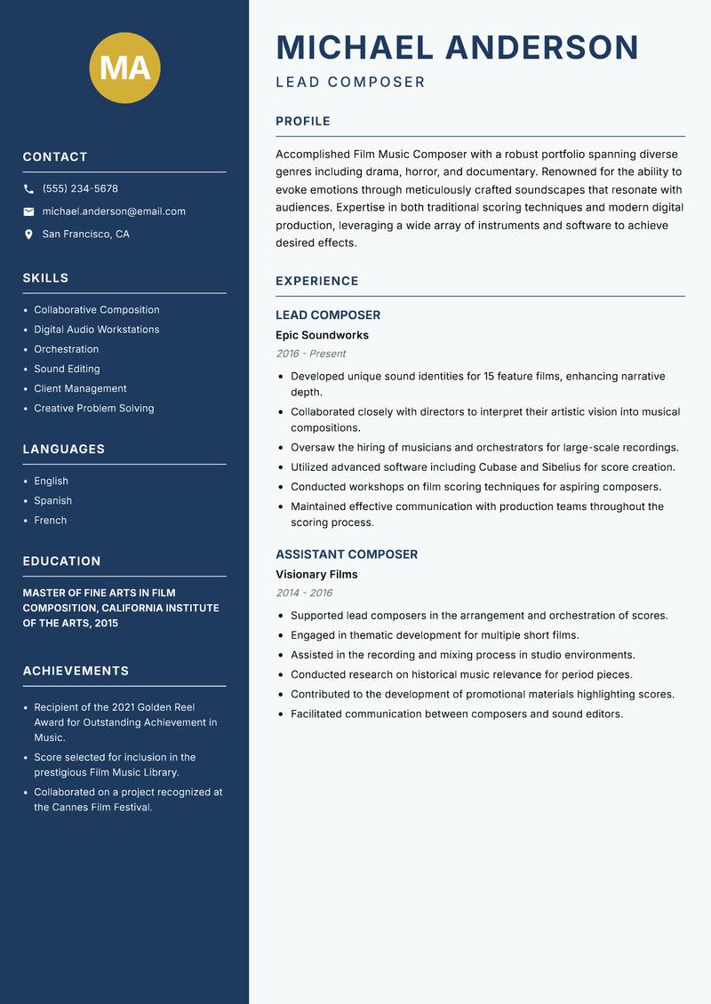 Film Music Composer resume sample — Lead Composer focus