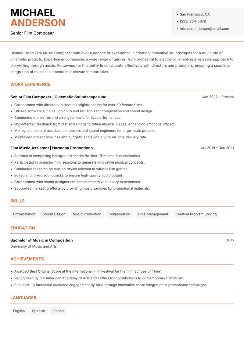 Film Music Composer resume sample — Senior Film Composer focus