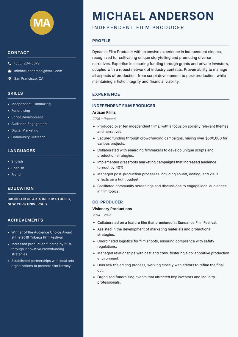 Film Producer resume sample — Independent Film Producer focus