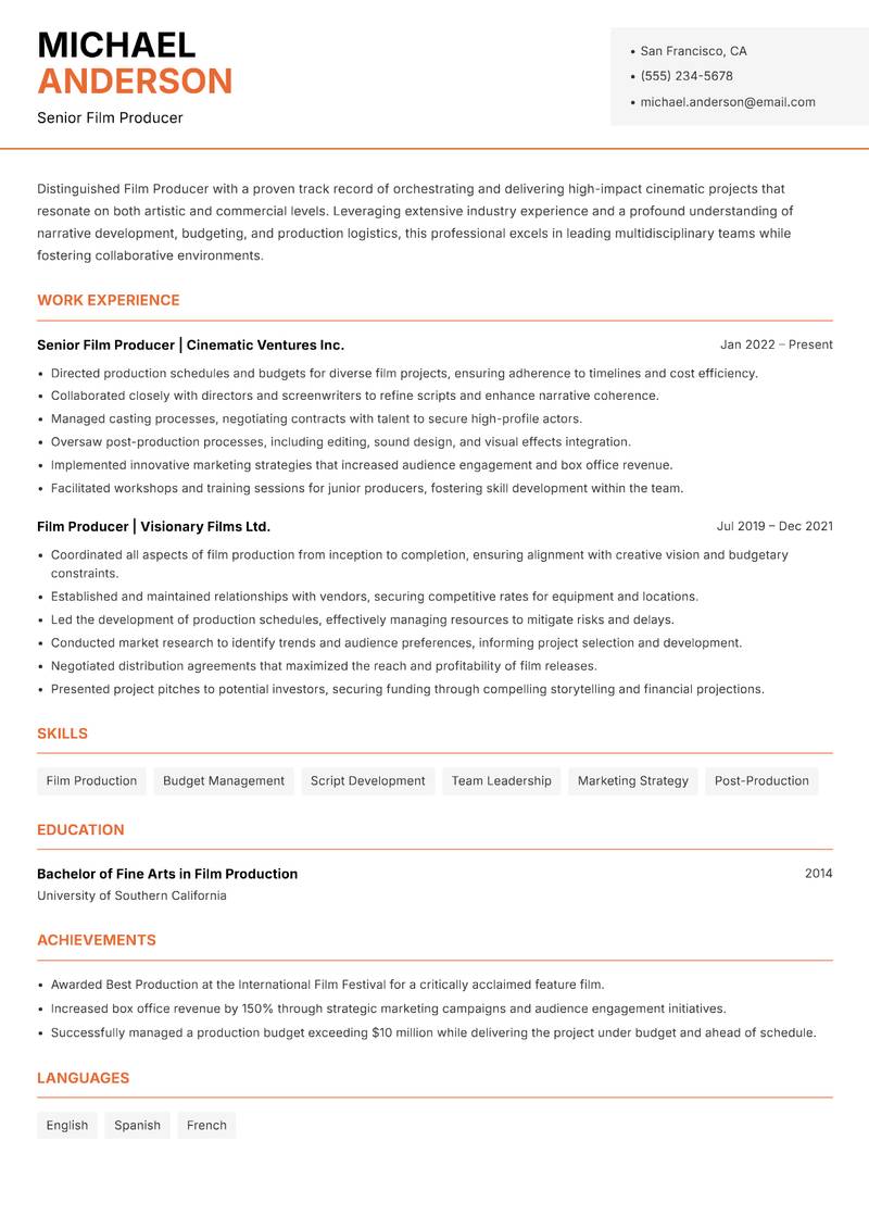 Film Producer resume sample — Senior Film Producer focus