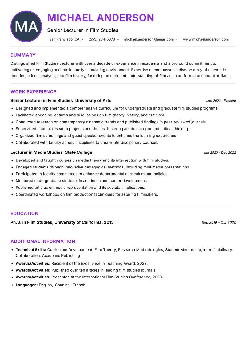 Film Studies Lecturer resume example