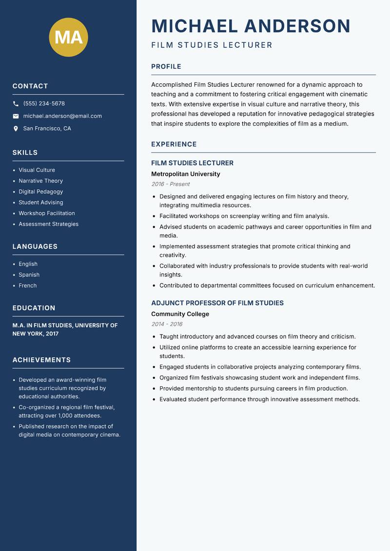 Film Studies Lecturer resume sample — Film Studies Lecturer focus