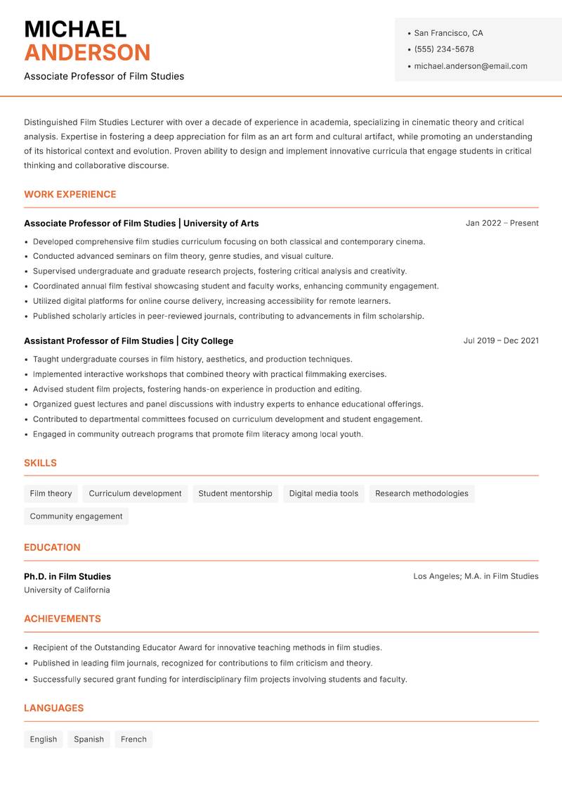 Film Studies Lecturer resume sample — Associate Professor of Film Studies focus