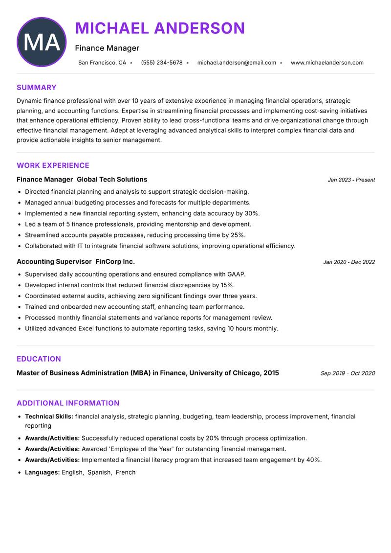 Finance and Accounting Manager resume example