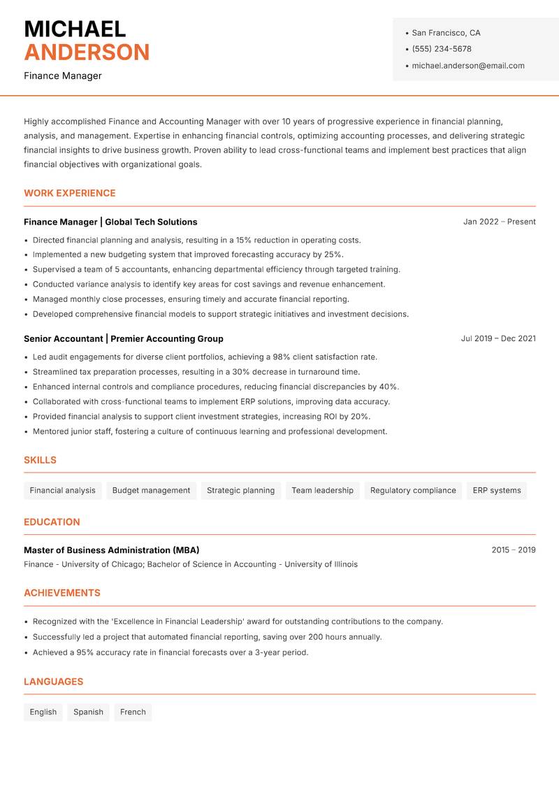 Finance and Accounting Manager resume sample — Finance Manager focus