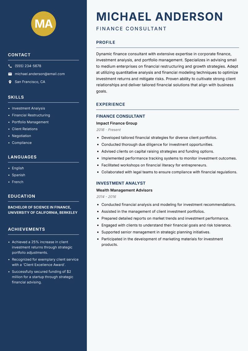 Finance Consultant resume sample — Finance Consultant focus