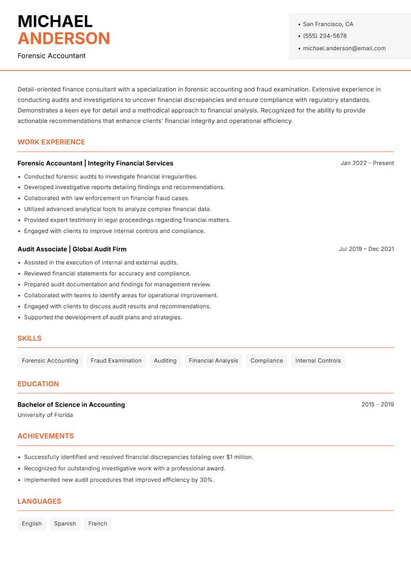 Finance Consultant resume sample — Forensic Accountant focus