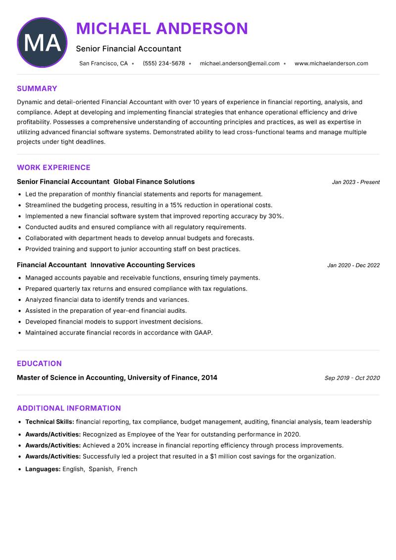 Financial Accountant resume example