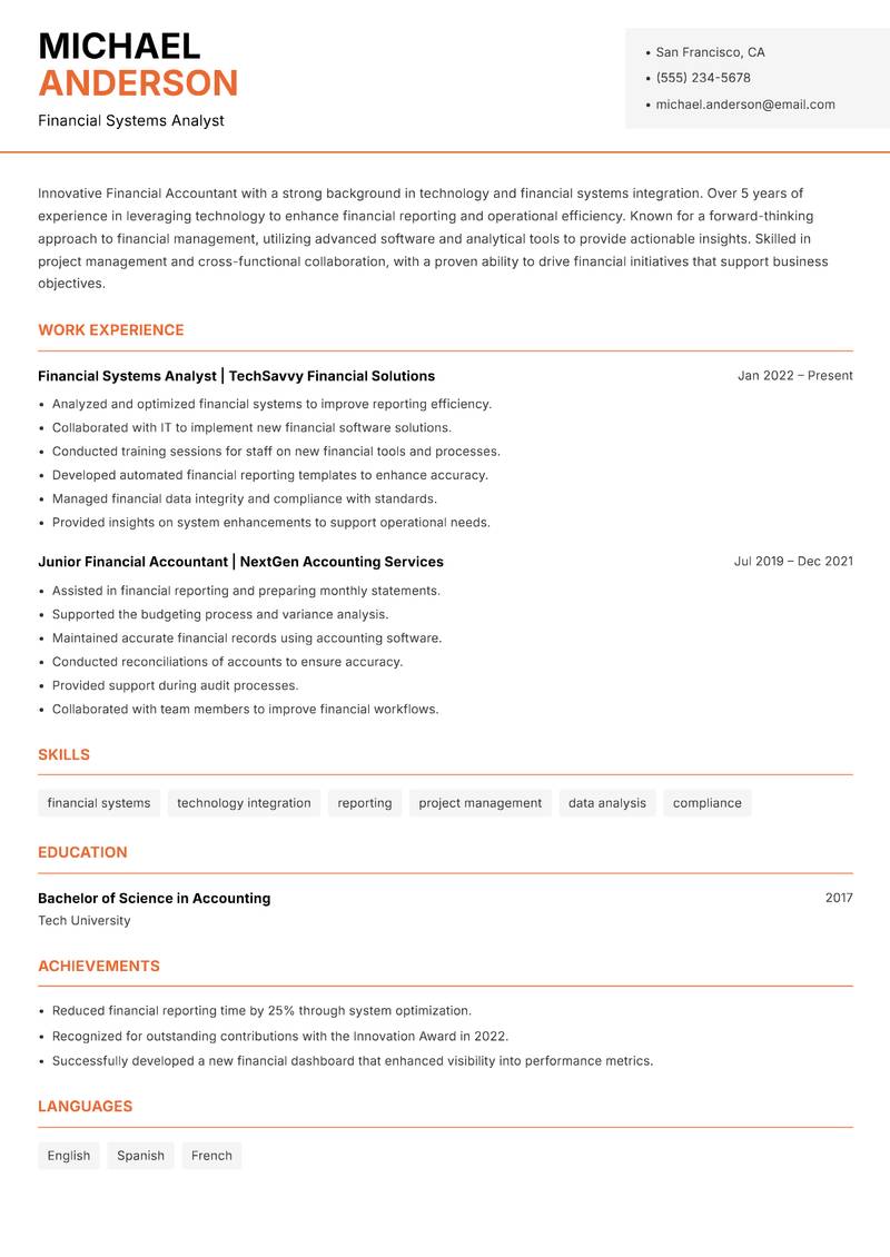 Financial Accountant resume sample — Financial Systems Analyst focus