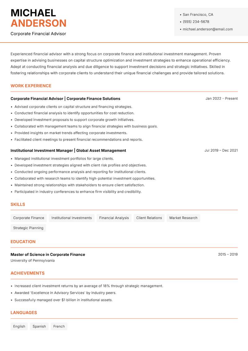 Financial Advisor Investments resume sample — Corporate Financial Advisor focus
