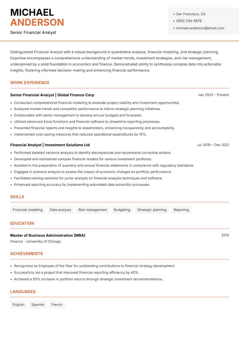 Financial Analyst resume sample — Senior Financial Analyst focus