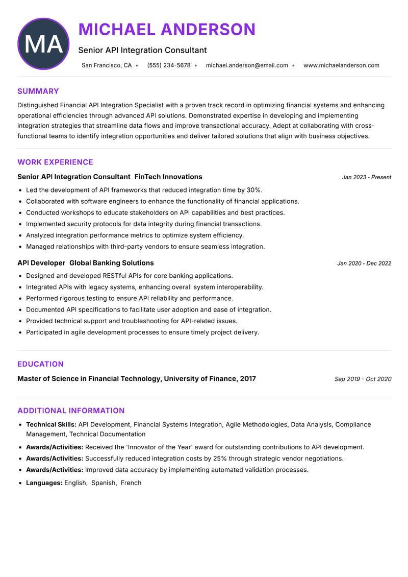 Financial API Integration Specialist resume example