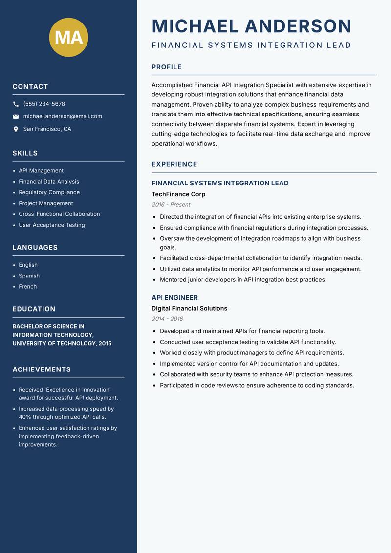 Financial API Integration Specialist resume sample — Financial Systems Integration Lead focus