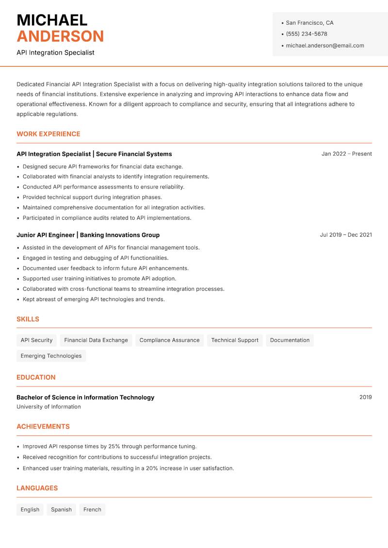 Financial API Integration Specialist resume sample — API Integration Specialist focus