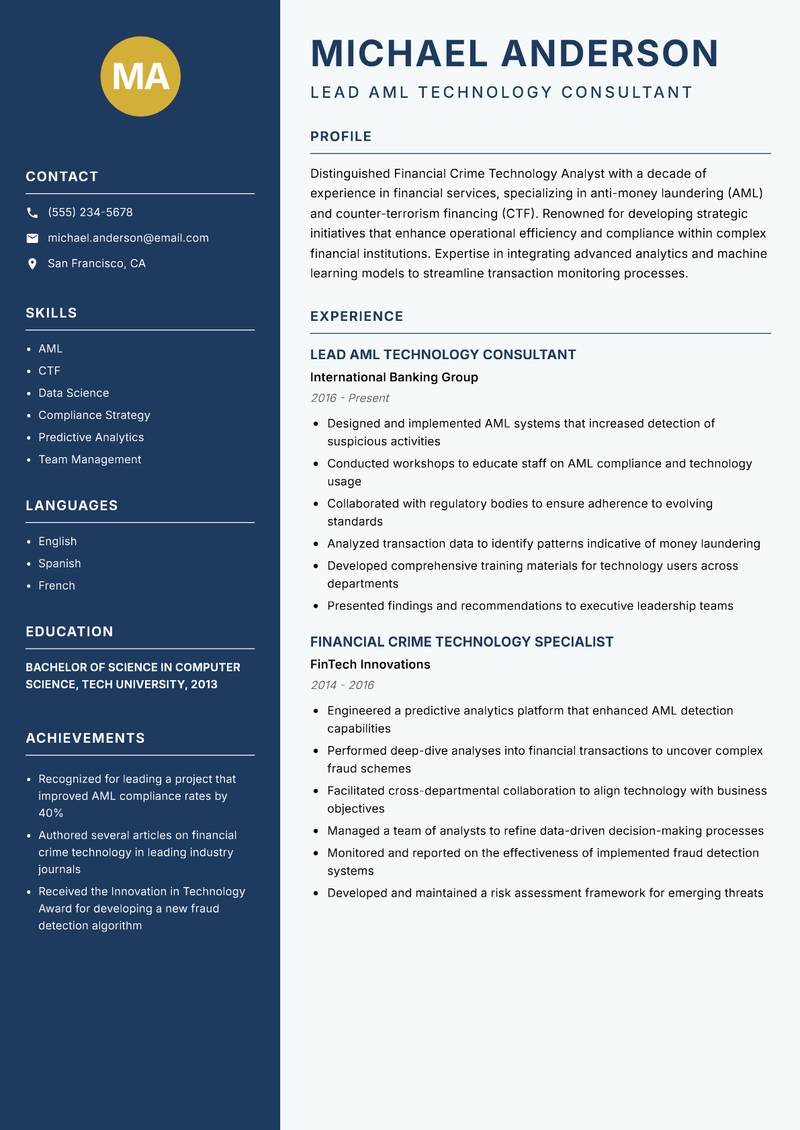 Financial Crime Technology Analyst resume sample — Lead AML Technology Consultant focus