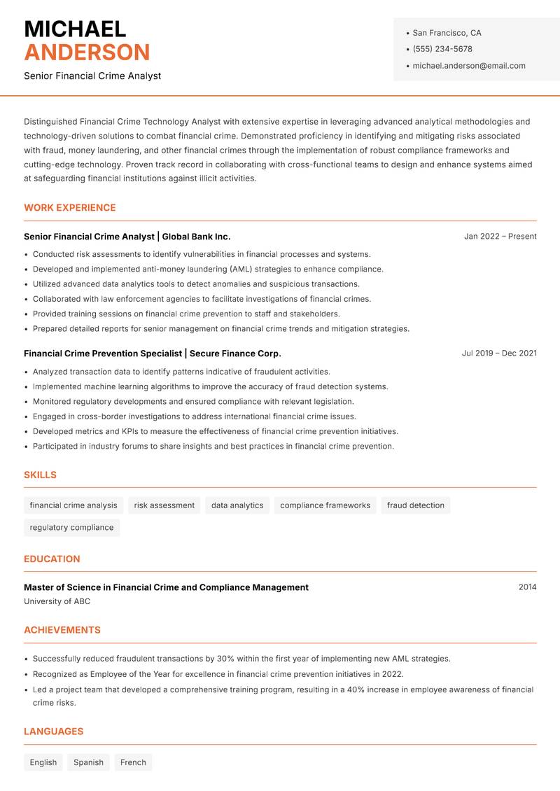 Financial Crime Technology Analyst resume sample — Senior Financial Crime Analyst focus