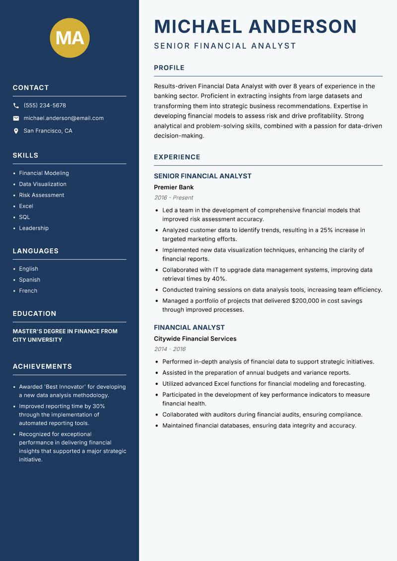 Financial Data Analyst resume sample — Senior Financial Analyst focus