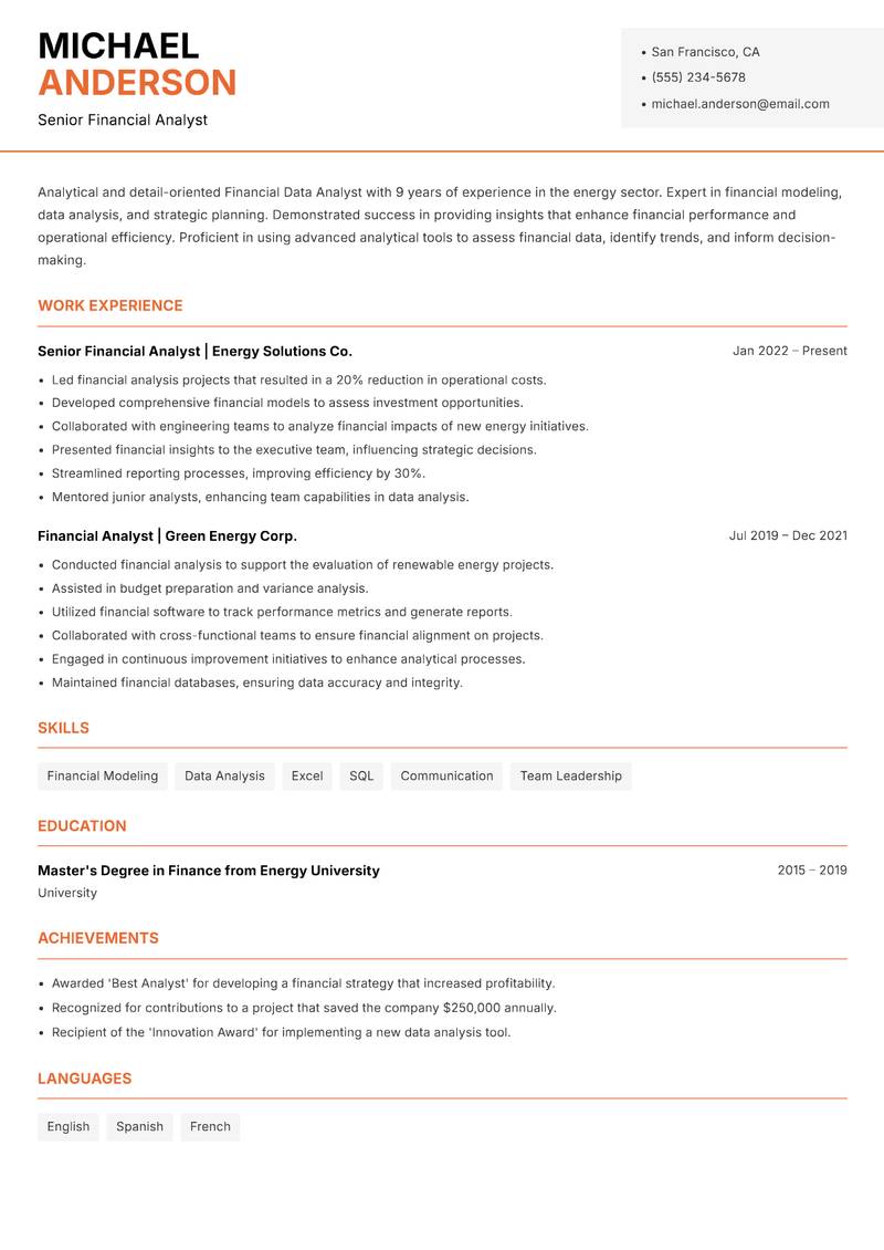 Financial Data Analyst resume sample — Senior Financial Analyst focus