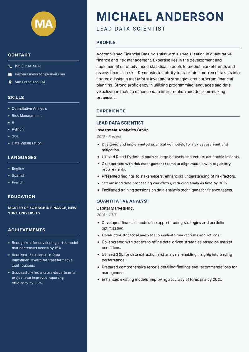 Financial Data Scientist resume sample — Lead Data Scientist focus