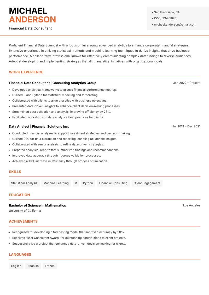 Financial Data Scientist resume sample — Financial Data Consultant focus