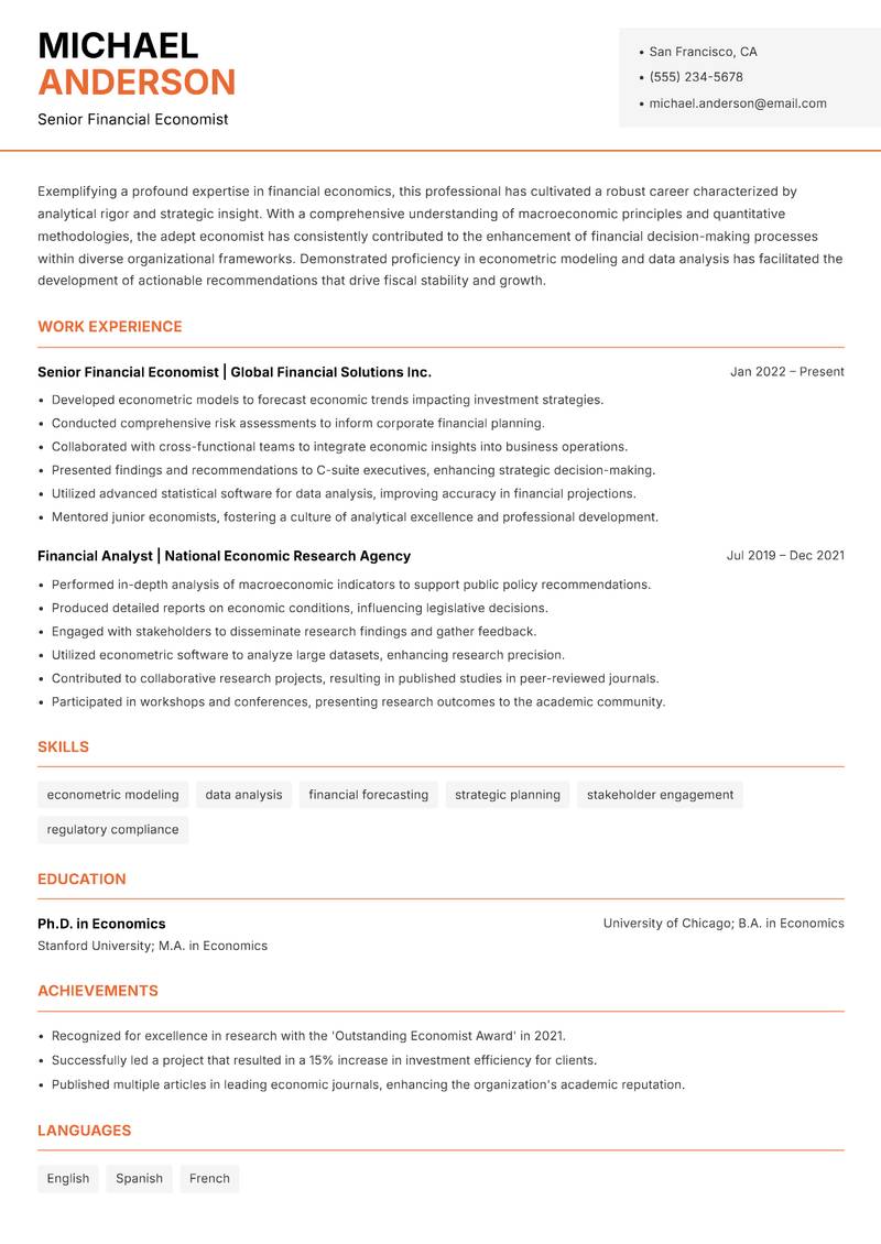 Financial Economist resume sample — Senior Financial Economist focus