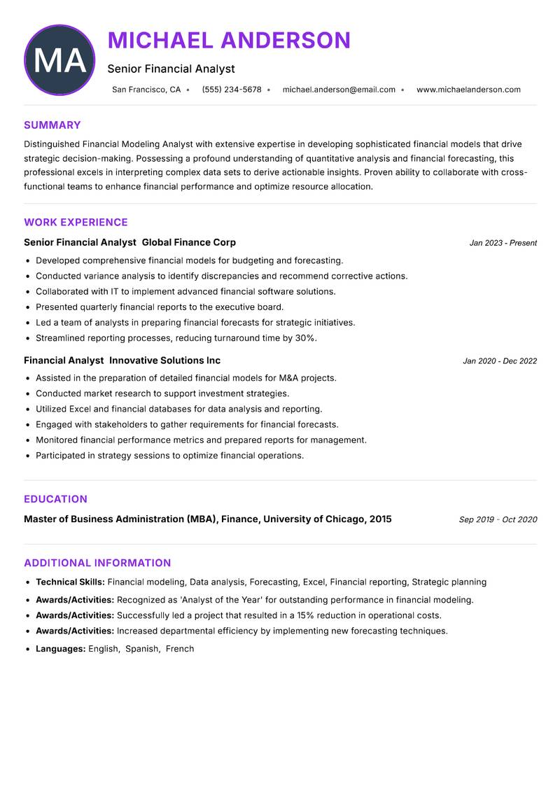 Financial Modeling Analyst resume example
