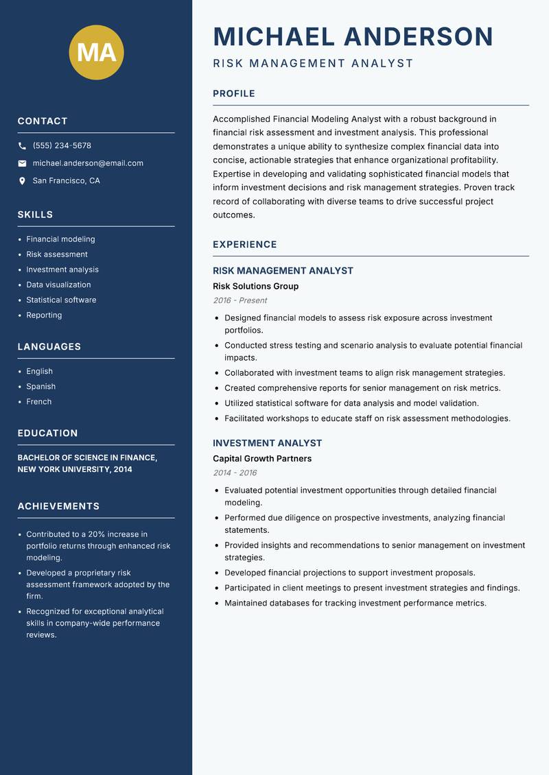 Financial Modeling Analyst resume sample — Risk Management Analyst focus