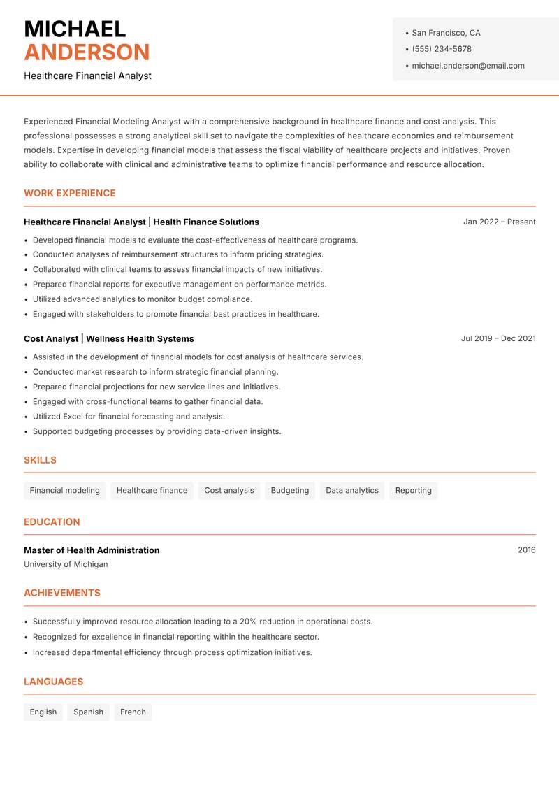 Financial Modeling Analyst resume sample — Healthcare Financial Analyst focus