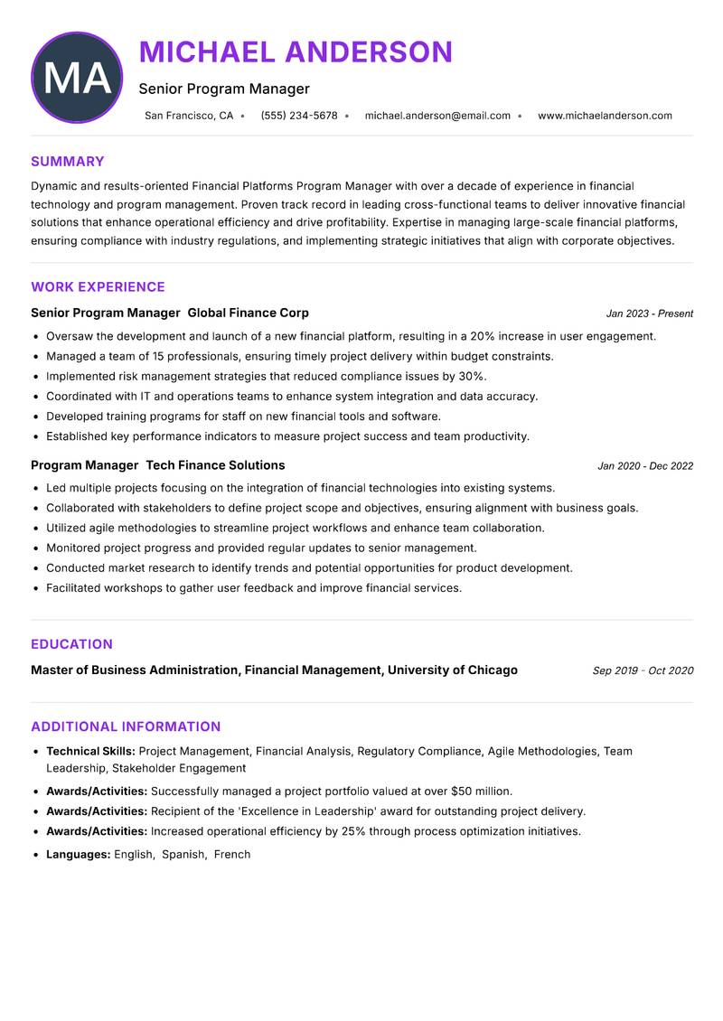 Financial Platforms Program Manager resume example