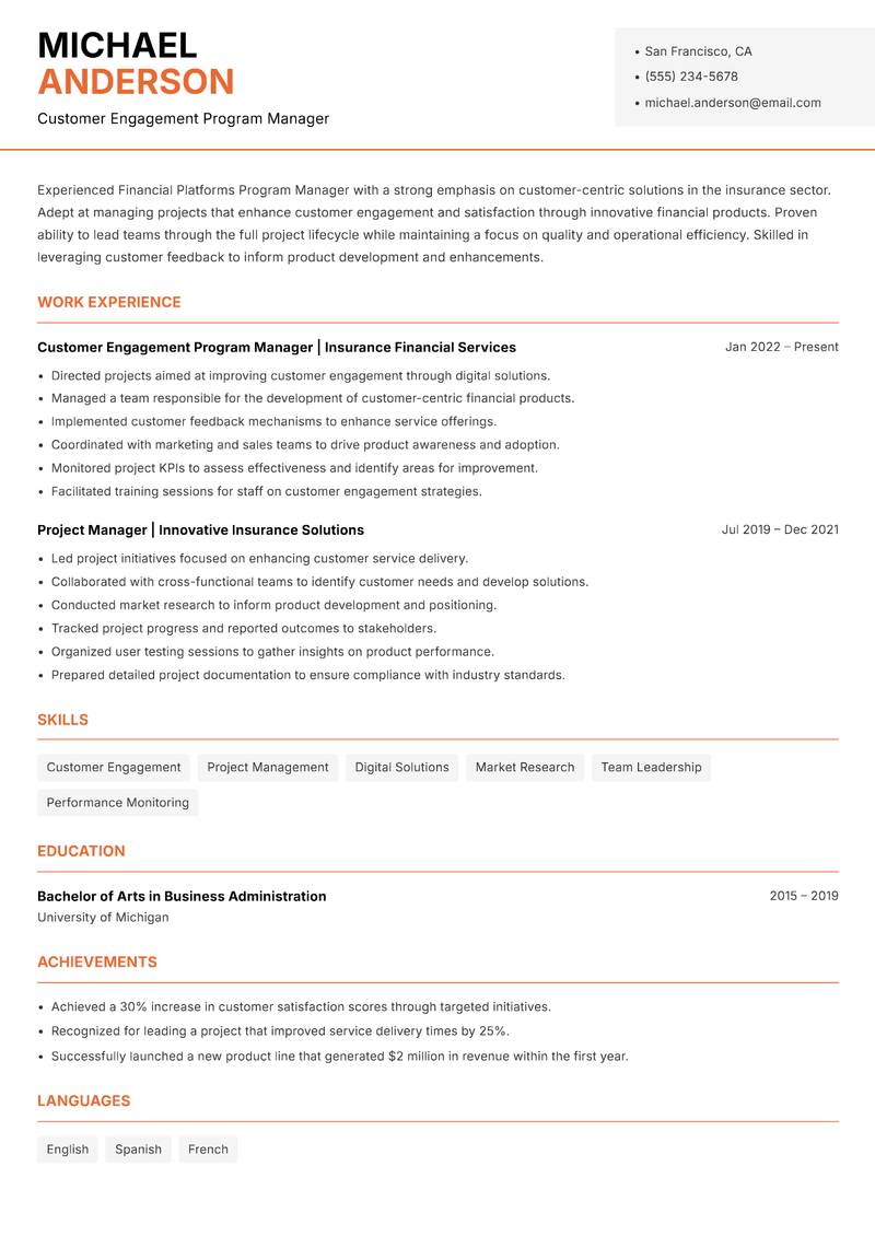 Financial Platforms Program Manager resume sample — Customer Engagement Program Manager focus