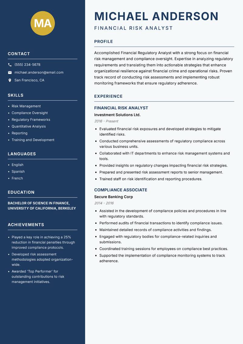 Financial Regulatory Analyst resume sample — Financial Risk Analyst focus