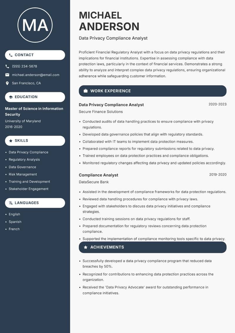 Financial Regulatory Analyst resume sample — Data Privacy Compliance Analyst focus