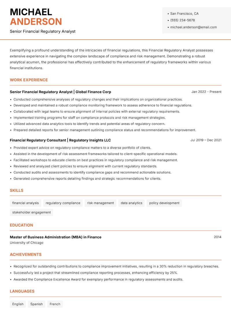 Financial Regulatory Analyst resume sample — Senior Financial Regulatory Analyst focus
