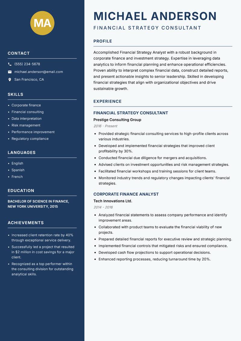 Financial Strategy Analyst resume sample — Financial Strategy Consultant focus