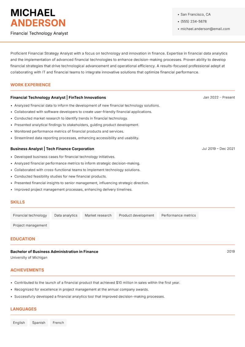 Financial Strategy Analyst resume sample — Financial Technology Analyst focus
